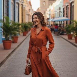 New York & Company Rust Shirt Dress Midi Long Sleeve Collared Belted M